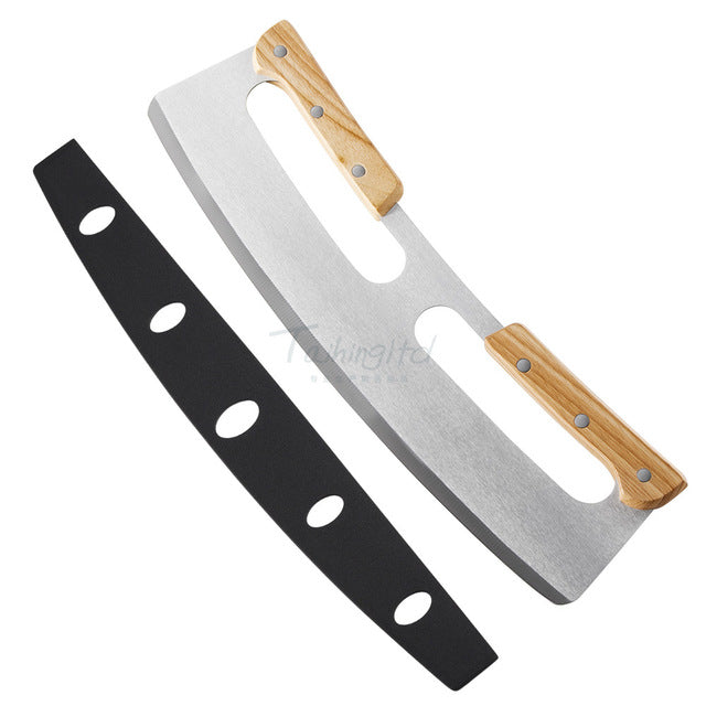 14" Stainless Steel Rocker Pizza Cutter with Wooden Handles & Blade Cover