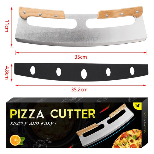 14" Stainless Steel Rocker Pizza Cutter with Wooden Handles & Blade Cover