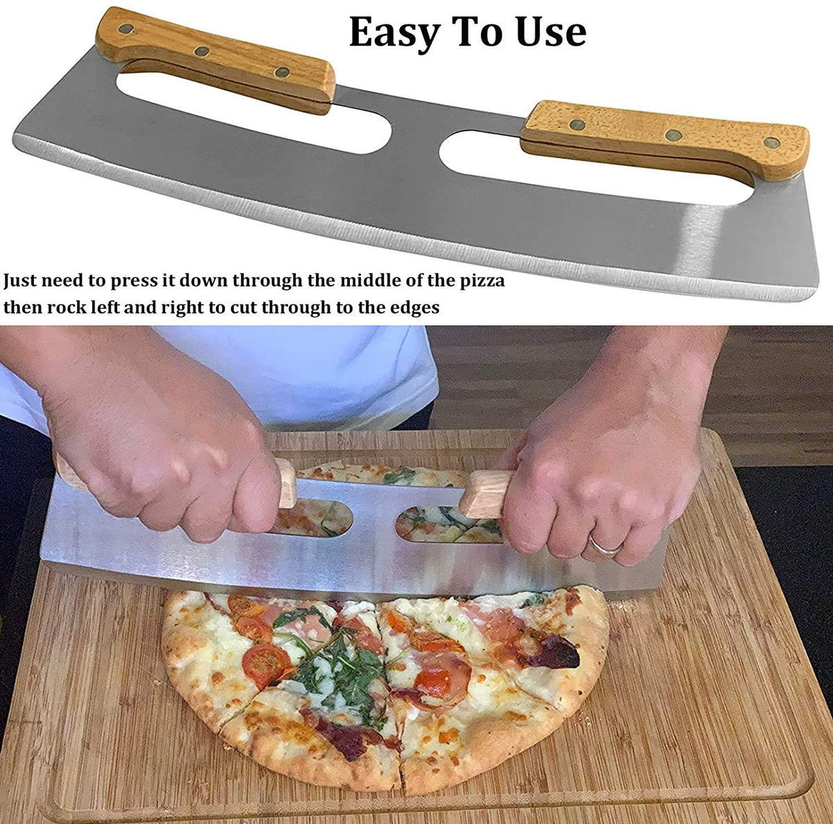 14" Stainless Steel Rocker Pizza Cutter with Wooden Handles & Blade Cover