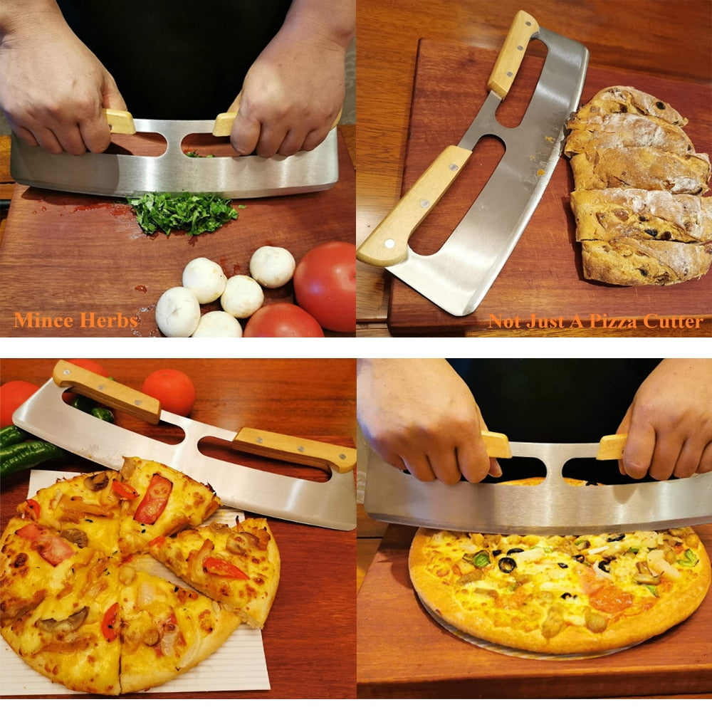14" Stainless Steel Rocker Pizza Cutter with Wooden Handles & Blade Cover